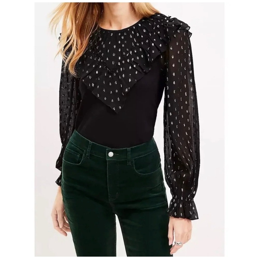 LOFT Womens Black Metallic Clip Dot Ruffle Bib Long Sleeve Top size XS NWT